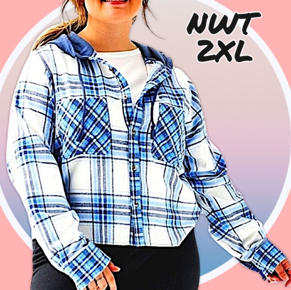 NWT 2XL Cropped Plaid Button Up Hoodie w 2 Pockets & High Low Hemline - Picture 5 of 16